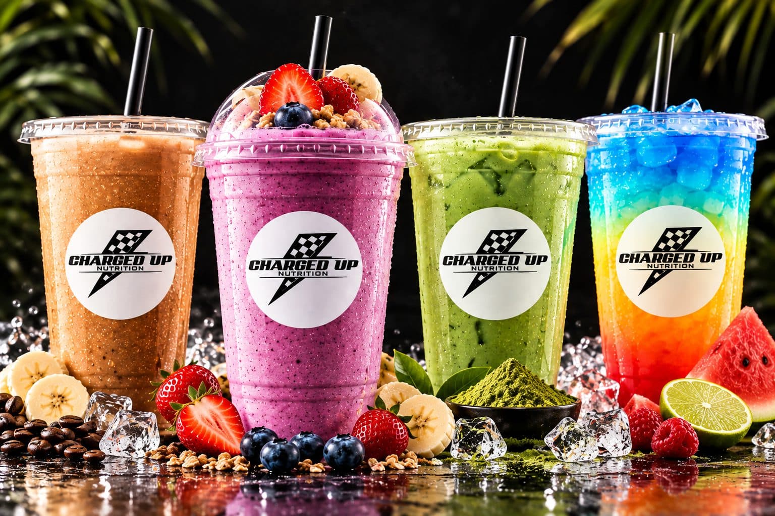 Four Charged Up drinks in a row: an orange smoothie, a pink berry smoothie topped with fruit, a green matcha smoothie and a rainbow layered Charged Refresher, with fresh fruit and ice
