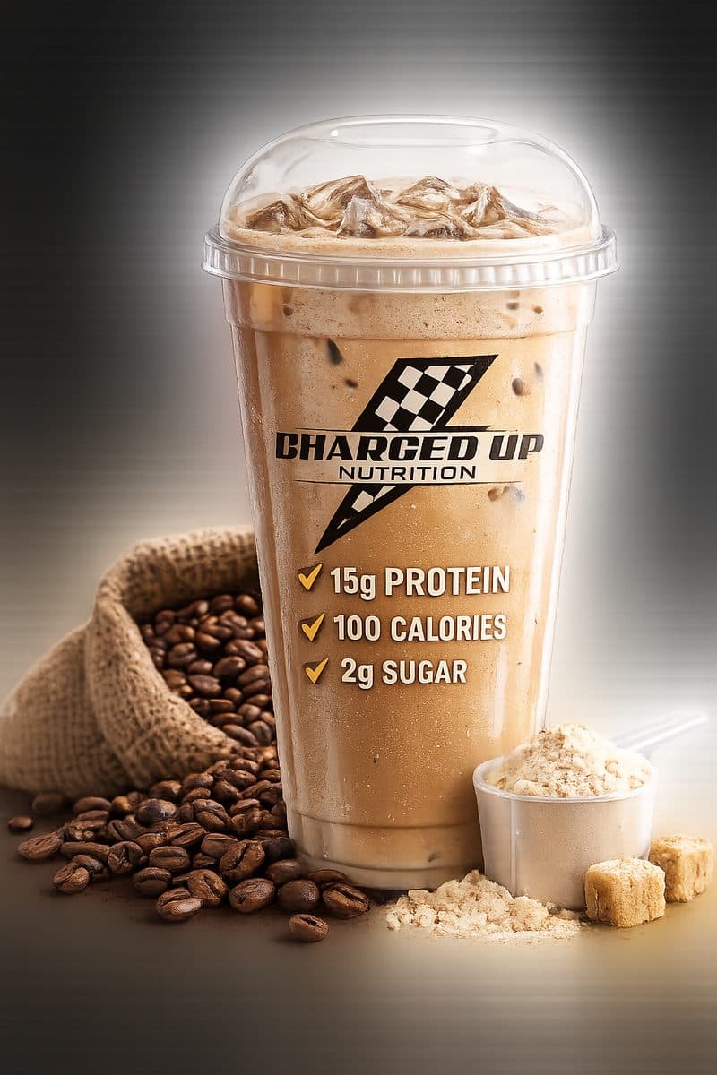 Iced protein coffee in a Charged Up cup