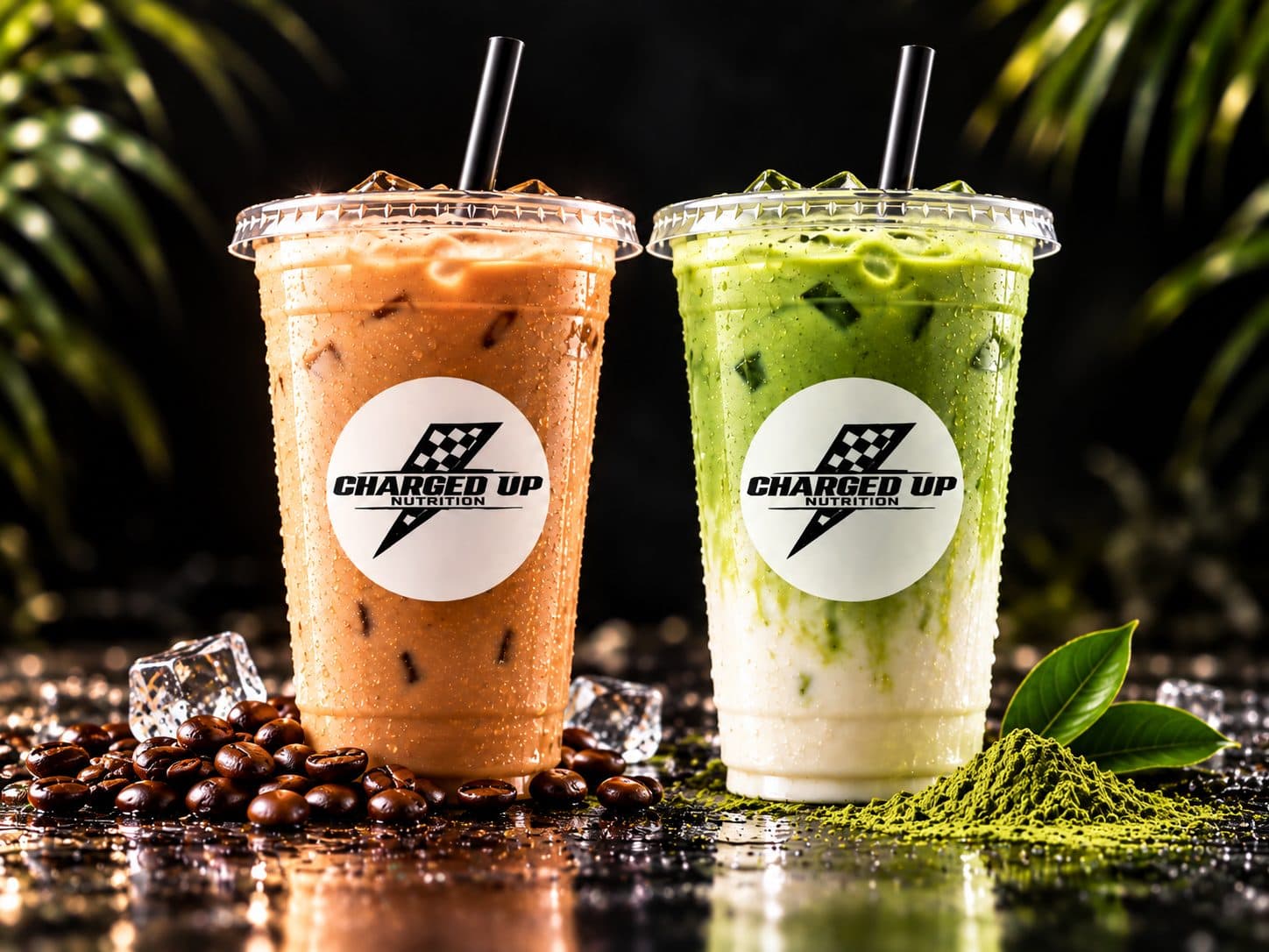 An iced protein coffee and an iced matcha latte in Charged Up cups, on coffee beans with matcha powder