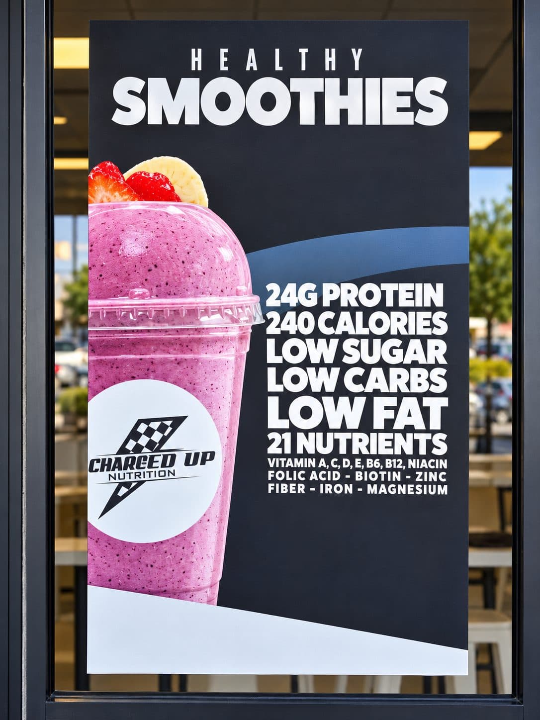Healthy Smoothies window poster with a pink berry smoothie topped with strawberry and banana: 24g protein, 240 calories, low sugar, low carbs, low fat, 21 nutrients including vitamins A, C, D, E, B6 and B12, niacin, folic acid, biotin, zinc, fiber, iron and magnesium.